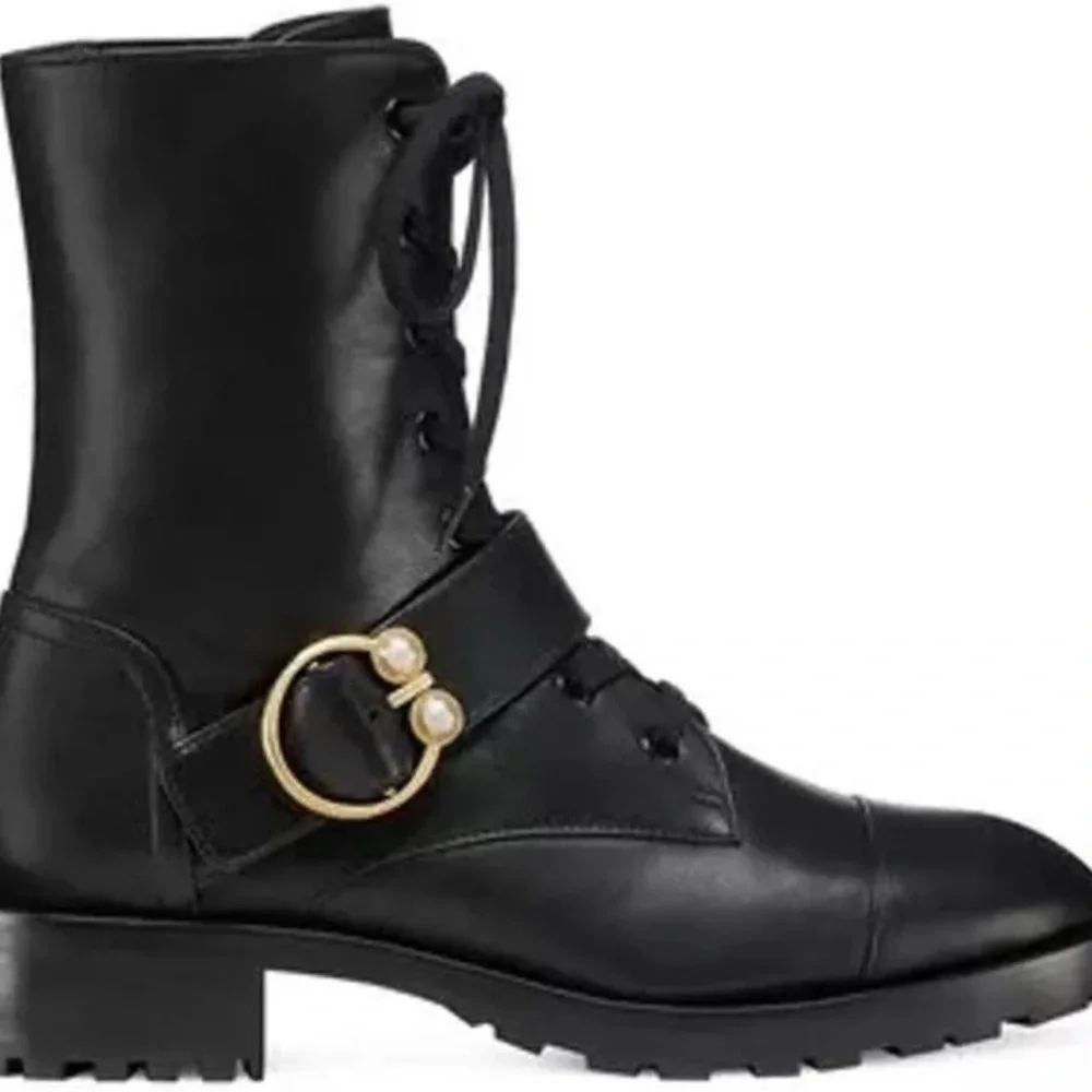 Stuart Weitzman Pearlring Leather Ankle Combat Bootie Black